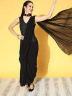 Juniper Women Black Georgette Embellished Saree Style Dress | Grocsy