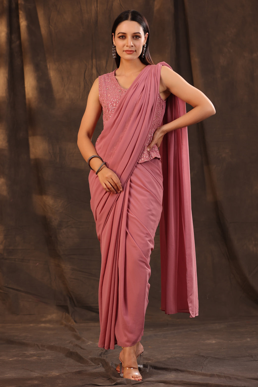 Juniper Women Rosegold Georgette Embellished Saree Style Dress | Grocsy