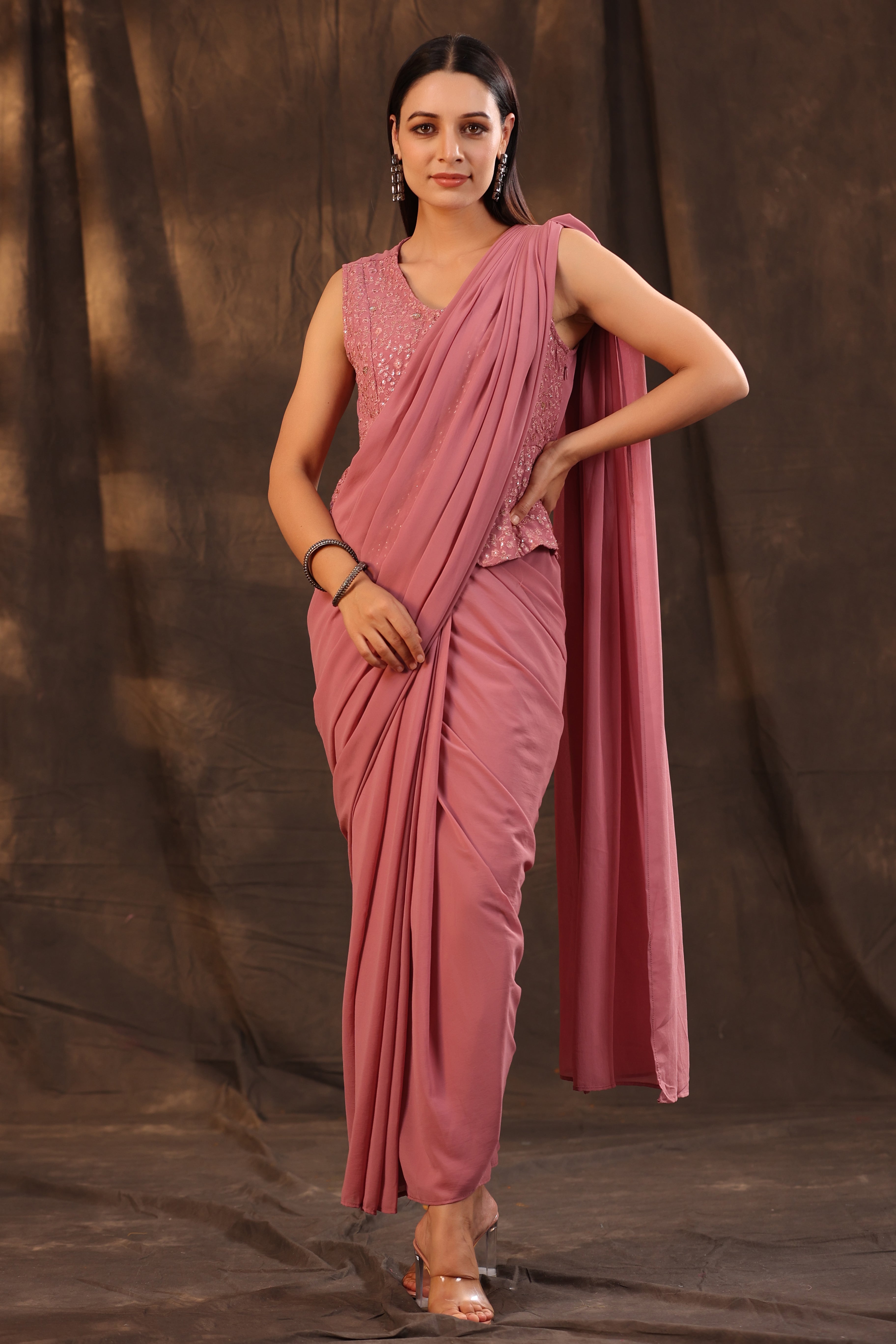 Juniper Women Rosegold Georgette Embellished Saree Style Dress | Grocsy