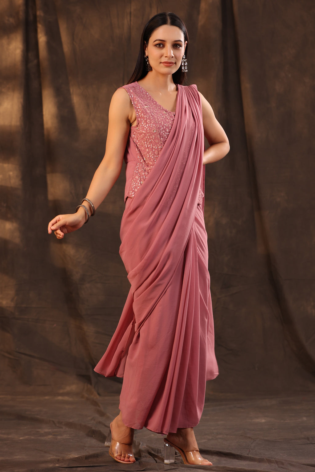Juniper Women Rosegold Georgette Embellished Saree Style Dress | Grocsy
