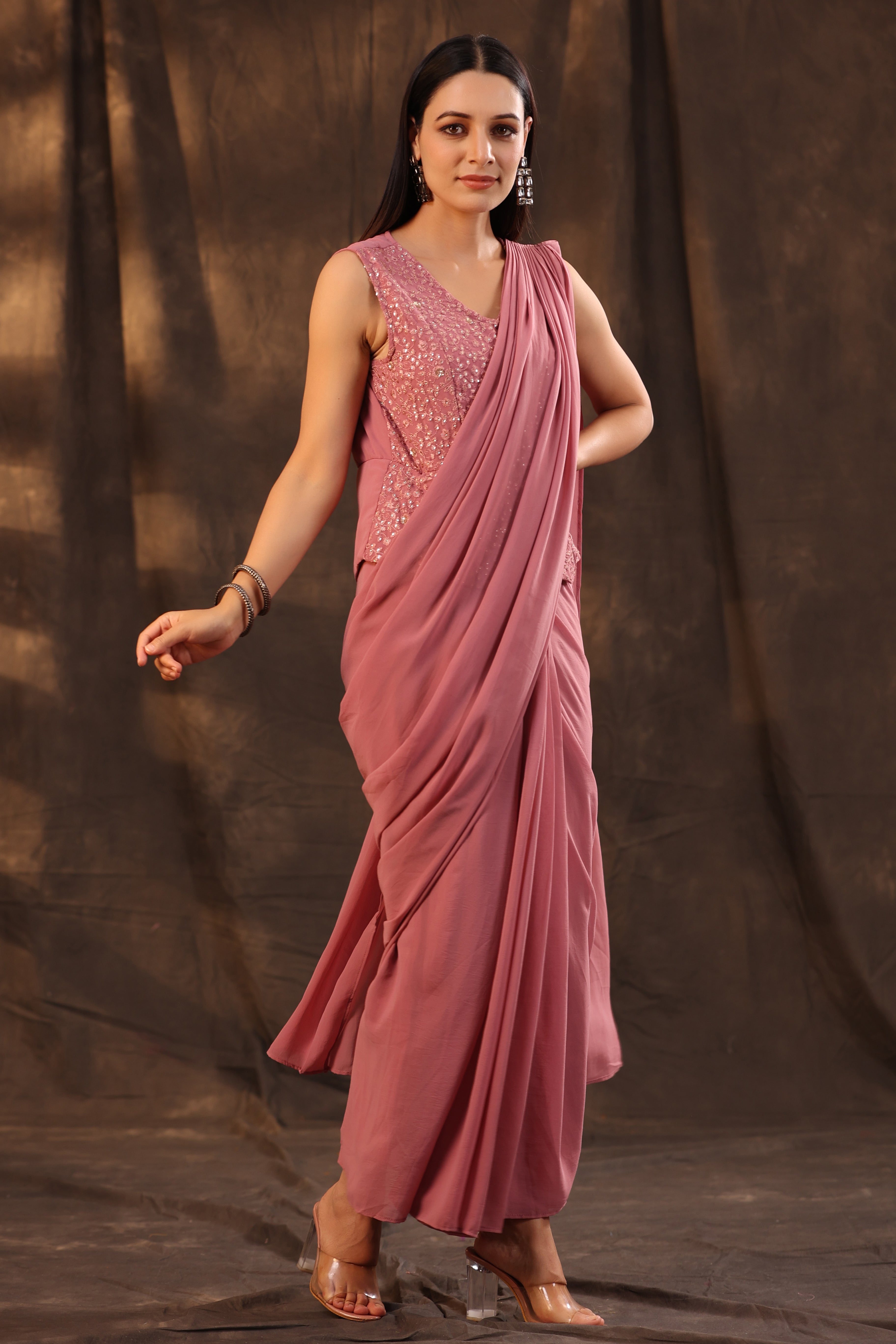 Juniper Women Rosegold Georgette Embellished Saree Style Dress | Grocsy