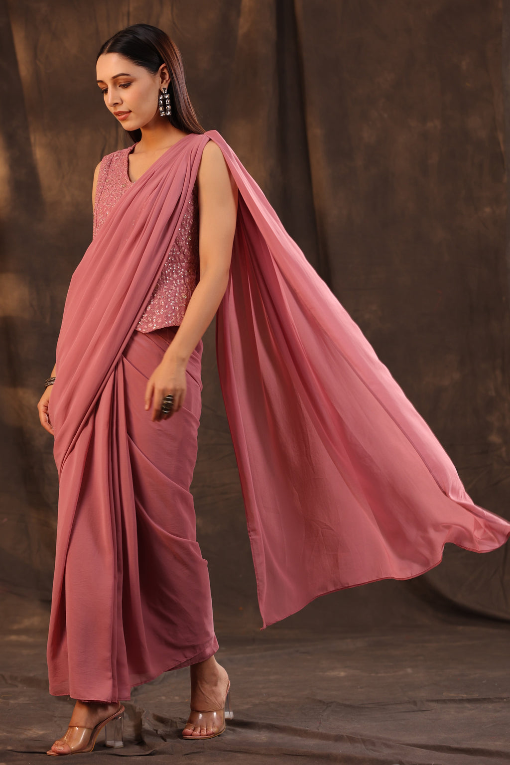 Juniper Women Rosegold Georgette Embellished Saree Style Dress | Grocsy