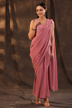Juniper Women Rosegold Georgette Embellished Saree Style Dress | Grocsy