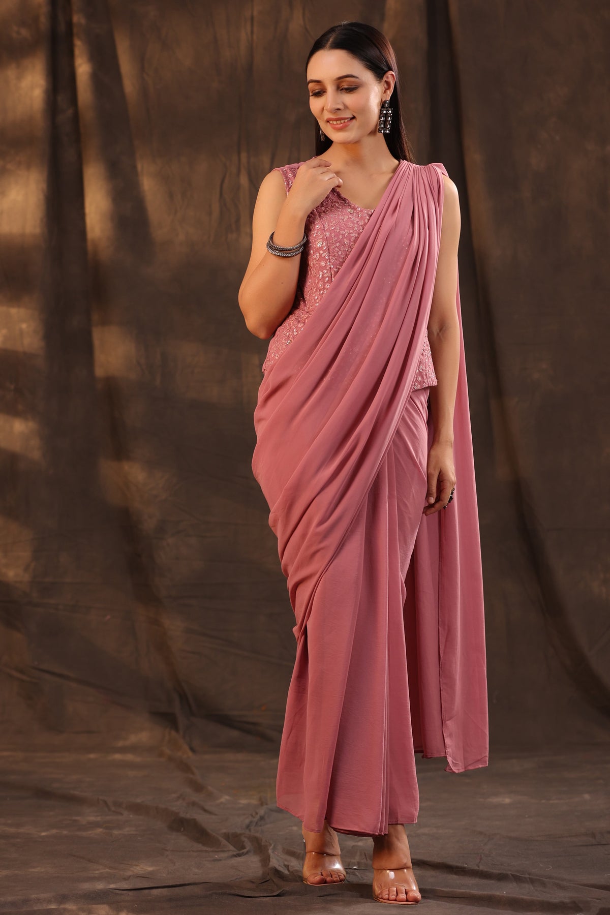 Juniper Women Rosegold Georgette Embellished Saree Style Dress | Grocsy