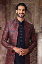 Raivat Ethnic Art Silk Embroidery Work 3 Pcs Indo Jacket Set In Maroon and Blue Colour | Grocsy