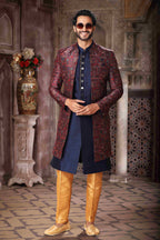Raivat Ethnic Art Silk Embroidery Work 3 Pcs Indo Jacket Set In Maroon and Blue Colour | Grocsy