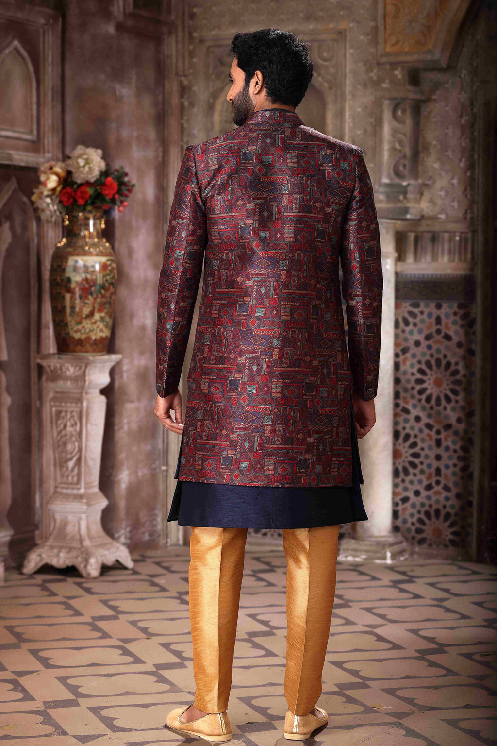 Raivat Ethnic Art Silk Embroidery Work 3 Pcs Indo Jacket Set In Maroon and Blue Colour | Grocsy