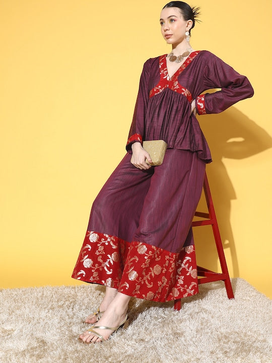 InWeave Women's Wine Red Brocade Mughal Shaan Kurta Palazzo Set | Grocsy