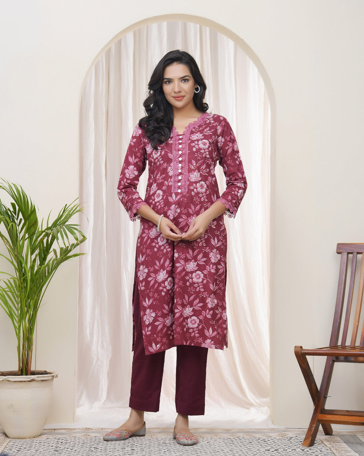 Vaasva Women Magenta Cotton Printed Straight Kurti | Grocsy