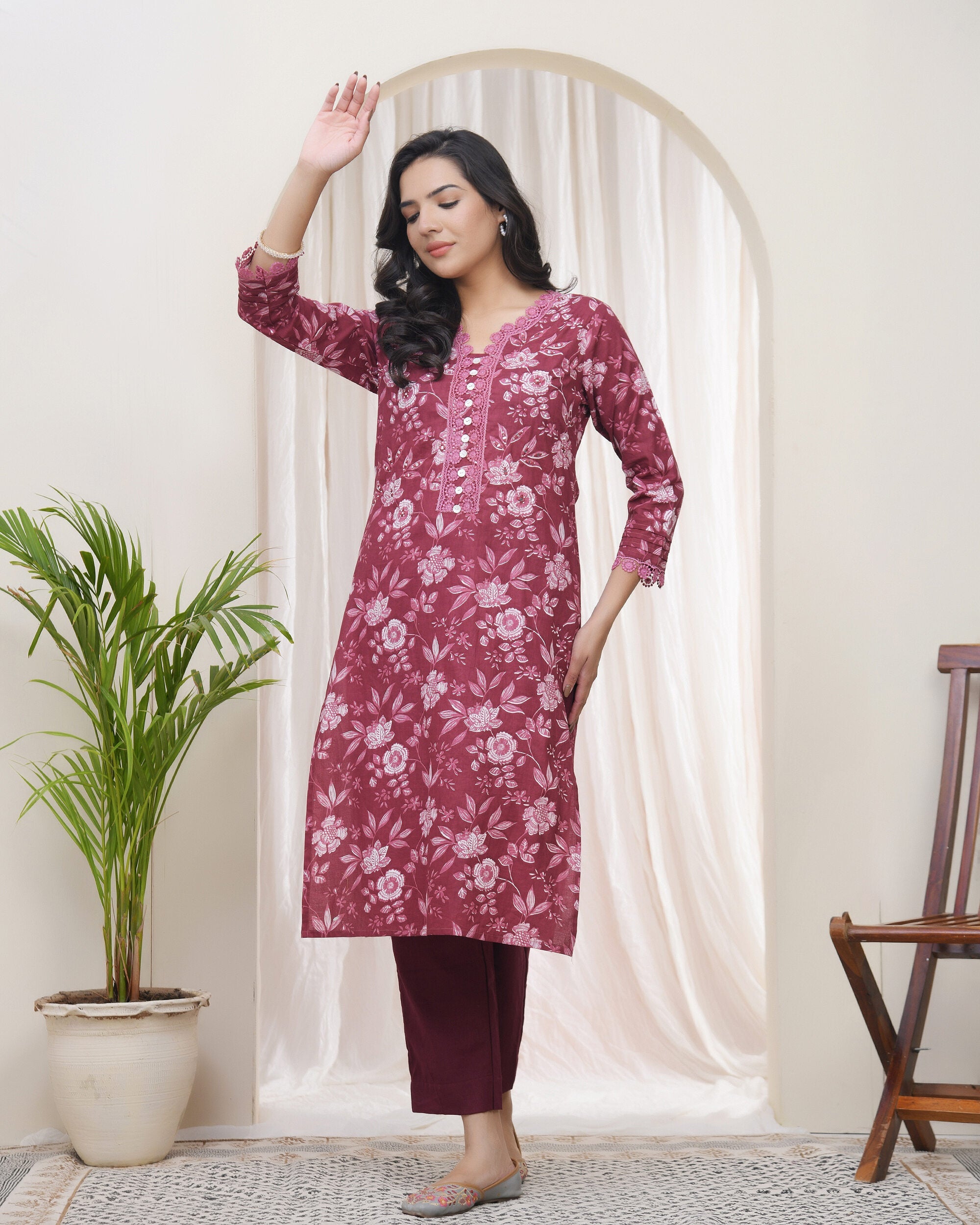 Vaasva Women Magenta Cotton Printed Straight Kurti | Grocsy