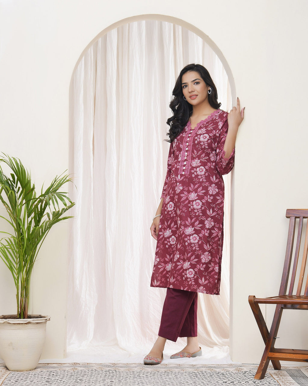 Vaasva Women Magenta Cotton Printed Straight Kurti | Grocsy