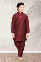 Raivat Ethnic Art Banarasi Silk Kids Kurta Pajama In Maroon Colour | Grocsy