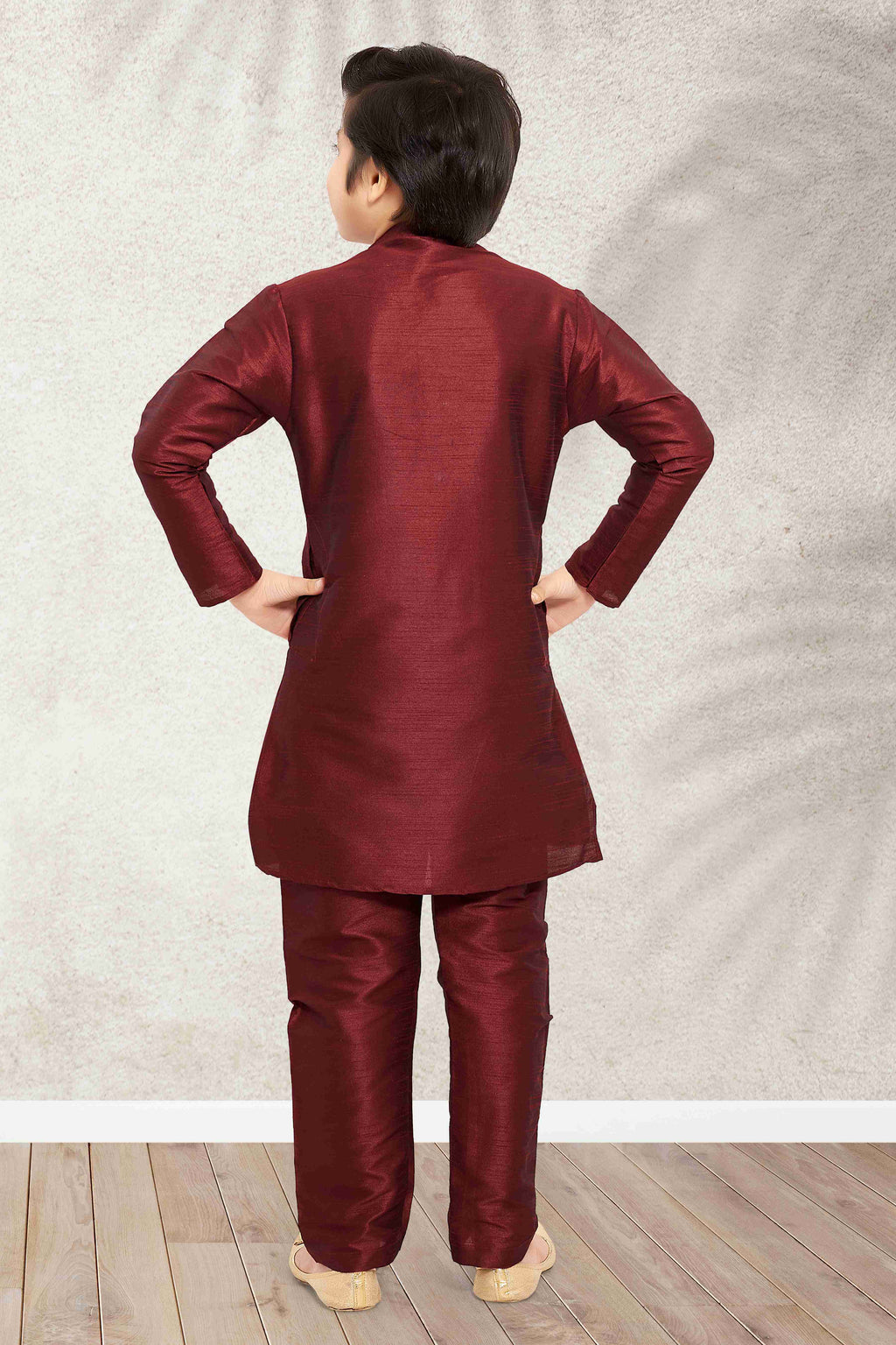 Raivat Ethnic Art Banarasi Silk Kids Kurta Pajama In Maroon Colour | Grocsy