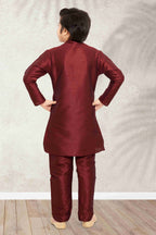 Raivat Ethnic Art Banarasi Silk Kids Kurta Pajama In Maroon Colour | Grocsy
