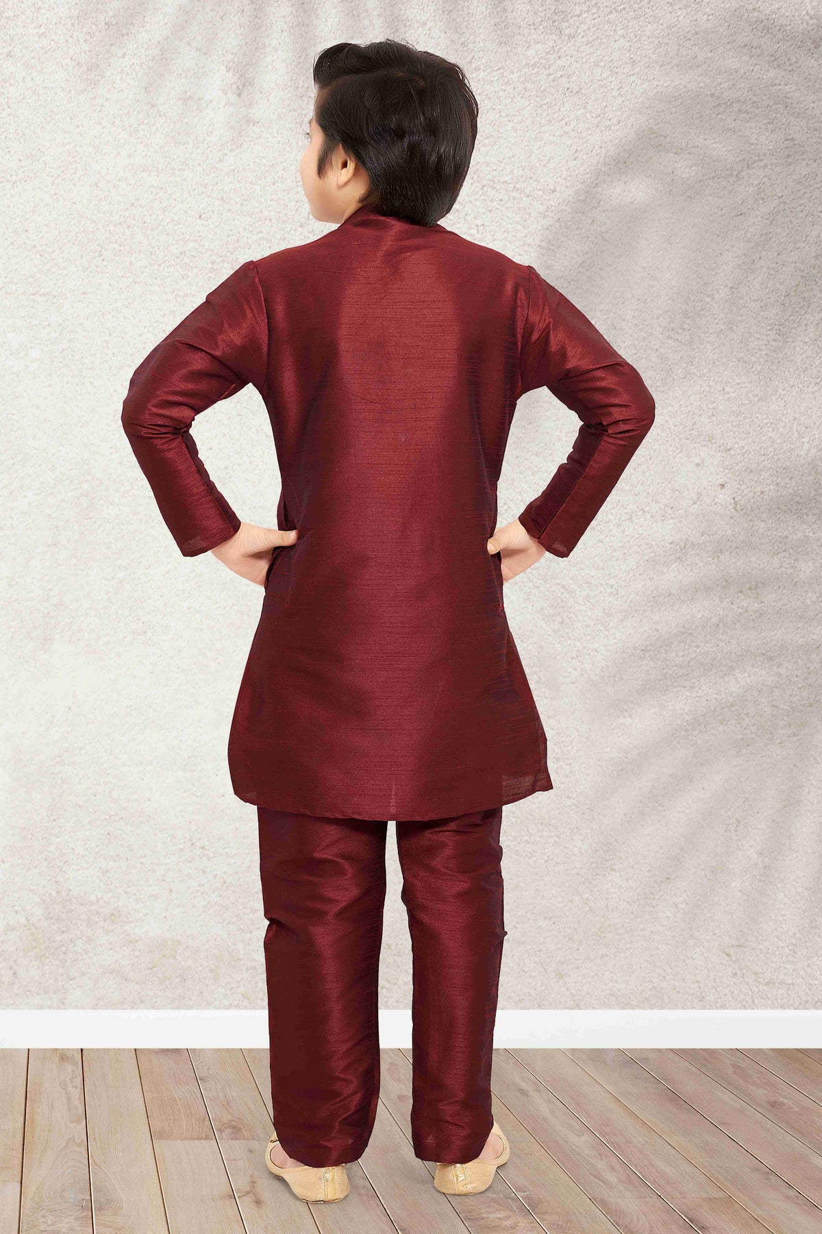 Raivat Ethnic Art Banarasi Silk Kids Kurta Pajama In Maroon Colour | Grocsy