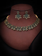 Tehzeeb Creations Luxurious Gold Polished Green Colour Diamond Choker Necklace Set With Matching Earrings | Grocsy