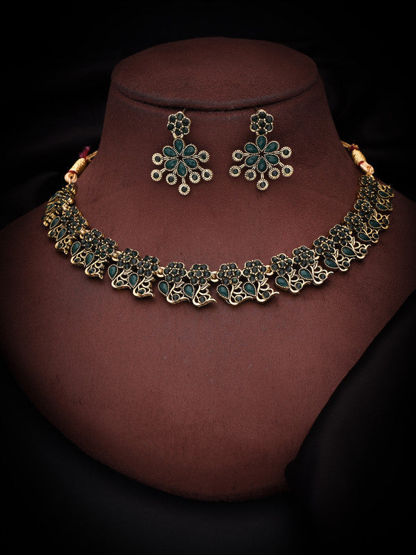 Tehzeeb Creations Luxurious Gold Polished Green Colour Diamond Choker Necklace Set With Matching Earrings | Grocsy