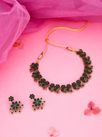 Tehzeeb Creations Luxurious Gold Polished Green Colour Diamond Choker Necklace Set With Matching Earrings | Grocsy