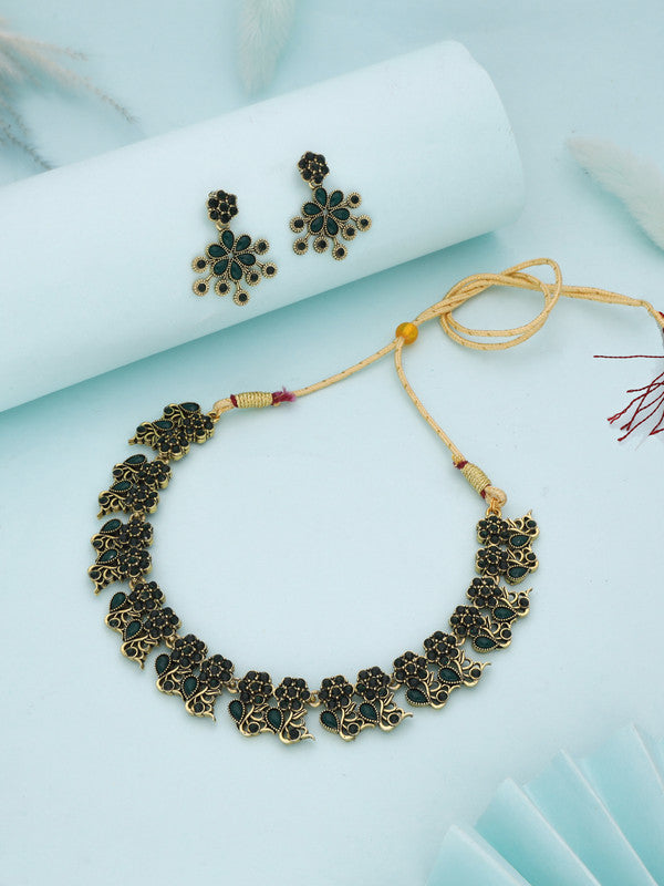 Tehzeeb Creations Luxurious Gold Polished Green Colour Diamond Choker Necklace Set With Matching Earrings | Grocsy