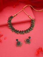Tehzeeb Creations Luxurious Gold Polished Green Colour Diamond Choker Necklace Set With Matching Earrings | Grocsy