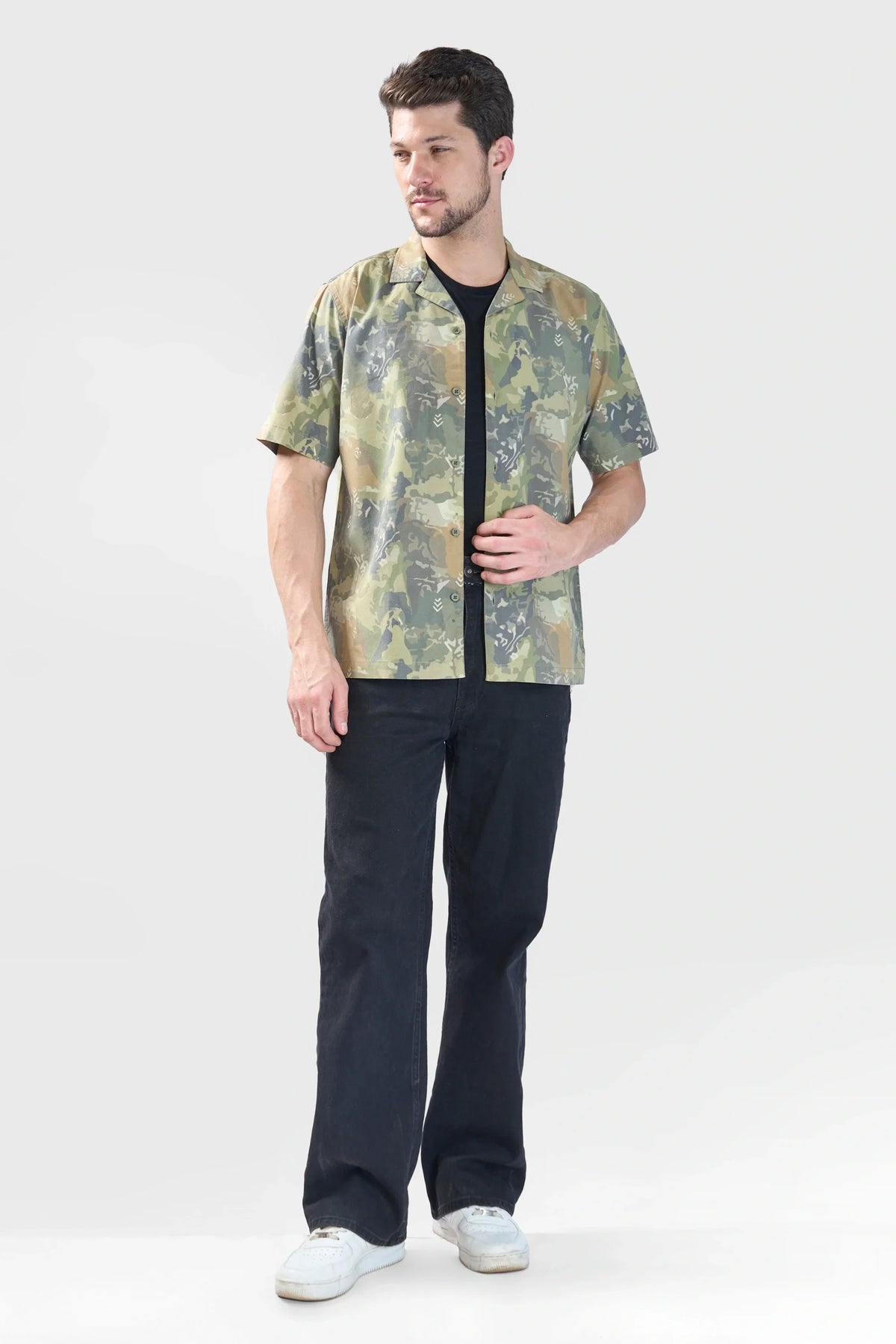 Xkind Olive Abstract Printed Relaxed Fit Shirt | Grocsy