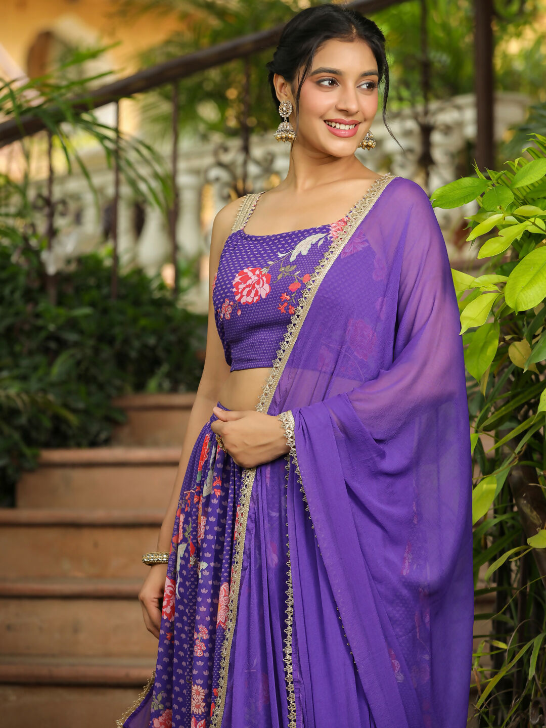 Janasya Purple Georgette Floral Lehenga Choli Dupatta | Grocsy
