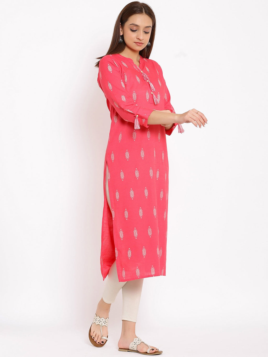 HERE&NOW Pink Mandarin Collar Ethnic Motifs Printed Pure Cotton Kurta | Grocsy