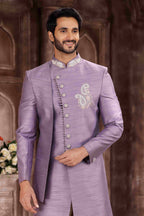 Raivat Ethnic Art Silk Embroidery Work Sherwani In Lavender Colour | Grocsy