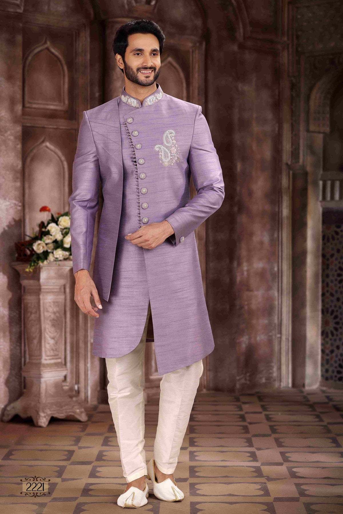 Raivat Ethnic Art Silk Embroidery Work Sherwani In Lavender Colour | Grocsy