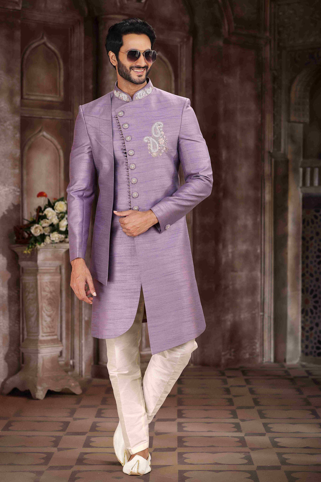 Raivat Ethnic Art Silk Embroidery Work Sherwani In Lavender Colour | Grocsy