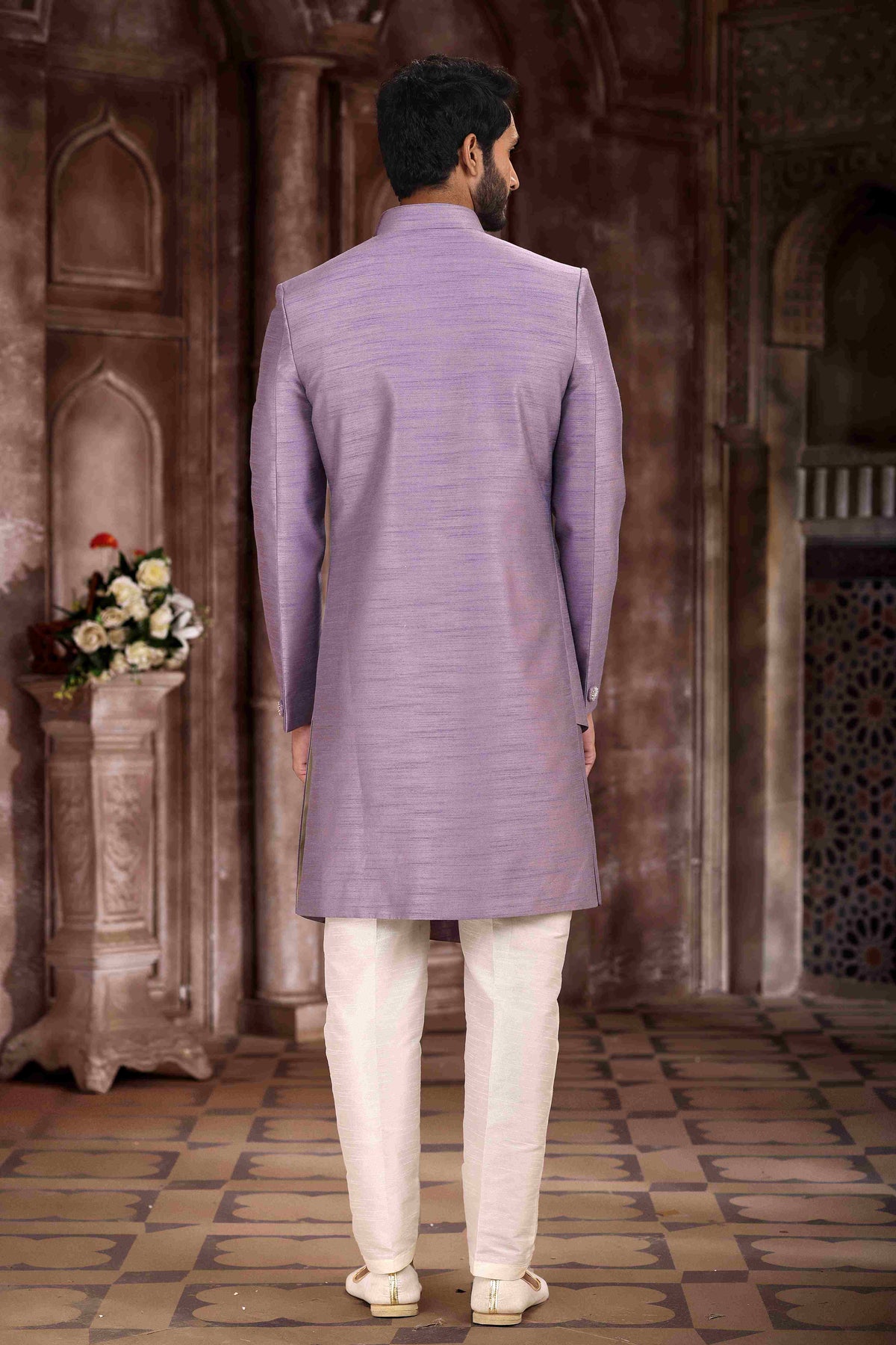 Raivat Ethnic Art Silk Embroidery Work Sherwani In Lavender Colour | Grocsy