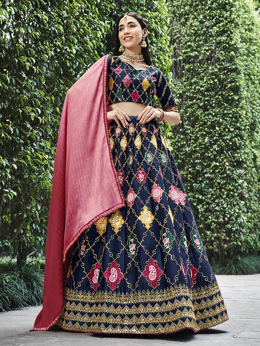 Myra Navy Silk Embroidered Designer Lehenga Choli | Grocsy