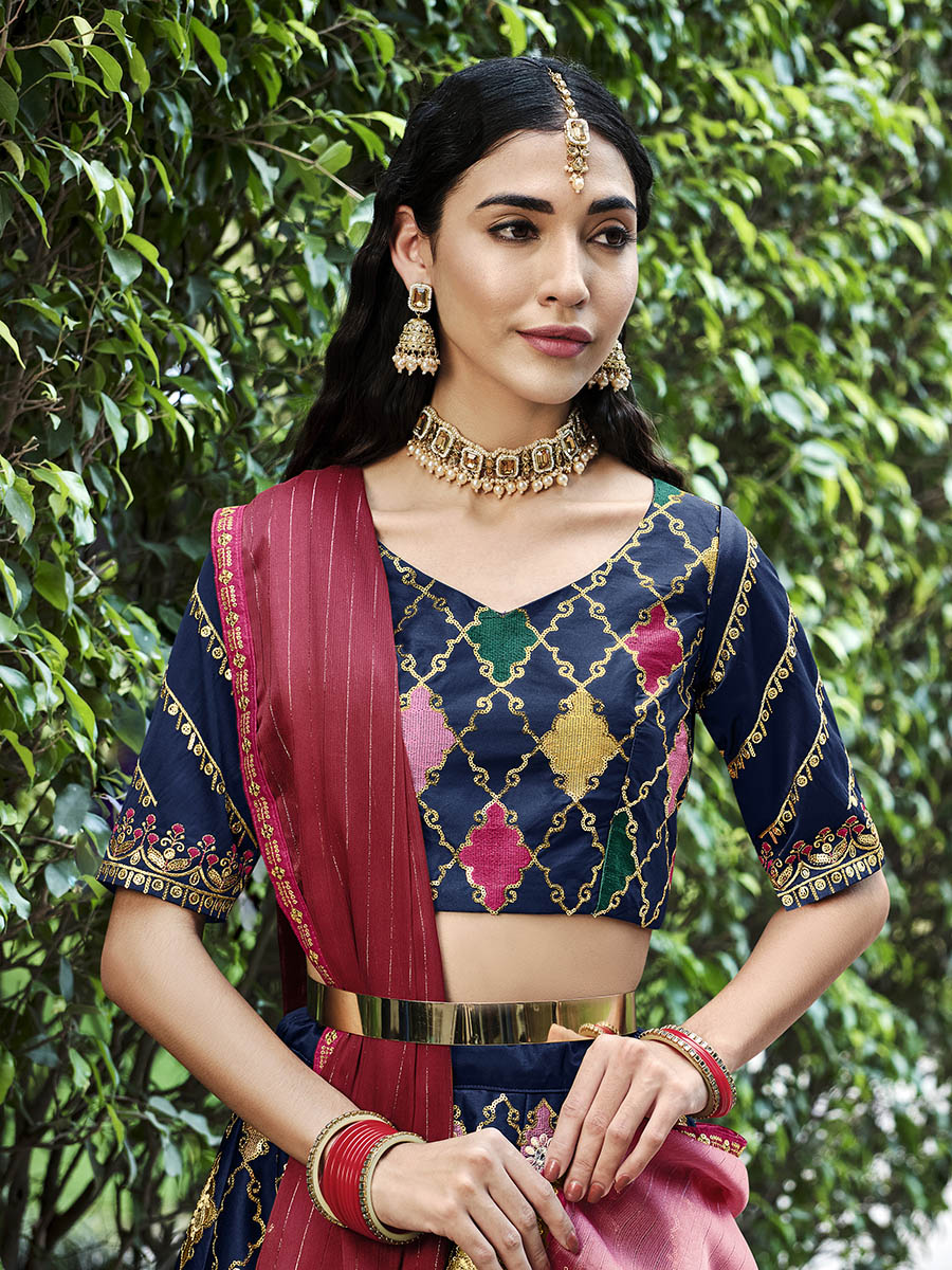 Myra Navy Silk Embroidered Designer Lehenga Choli | Grocsy