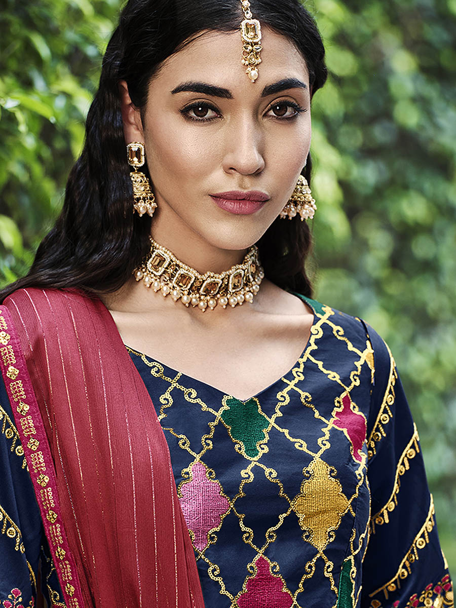 Myra Navy Silk Embroidered Designer Lehenga Choli | Grocsy