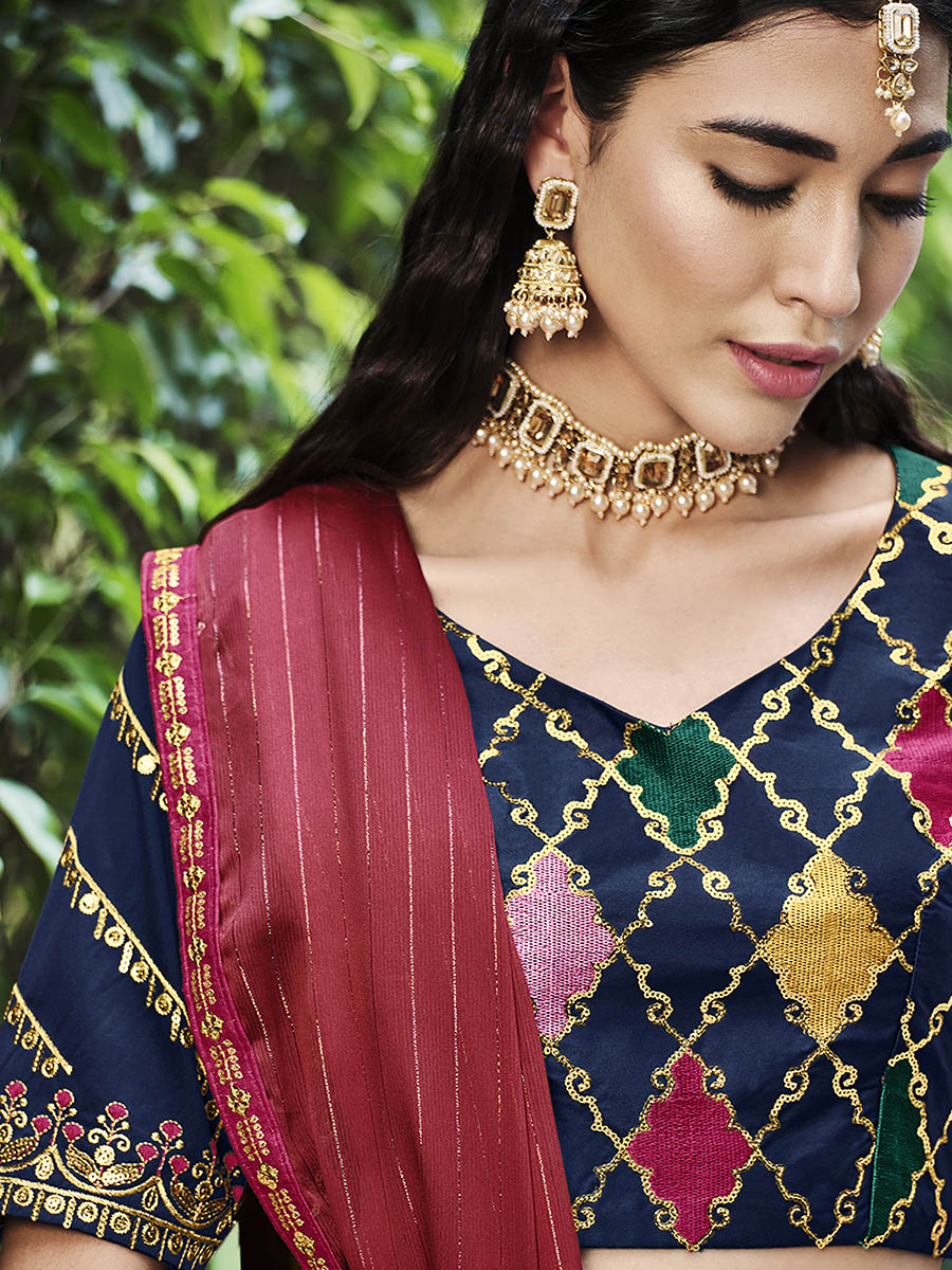 Myra Navy Silk Embroidered Designer Lehenga Choli | Grocsy