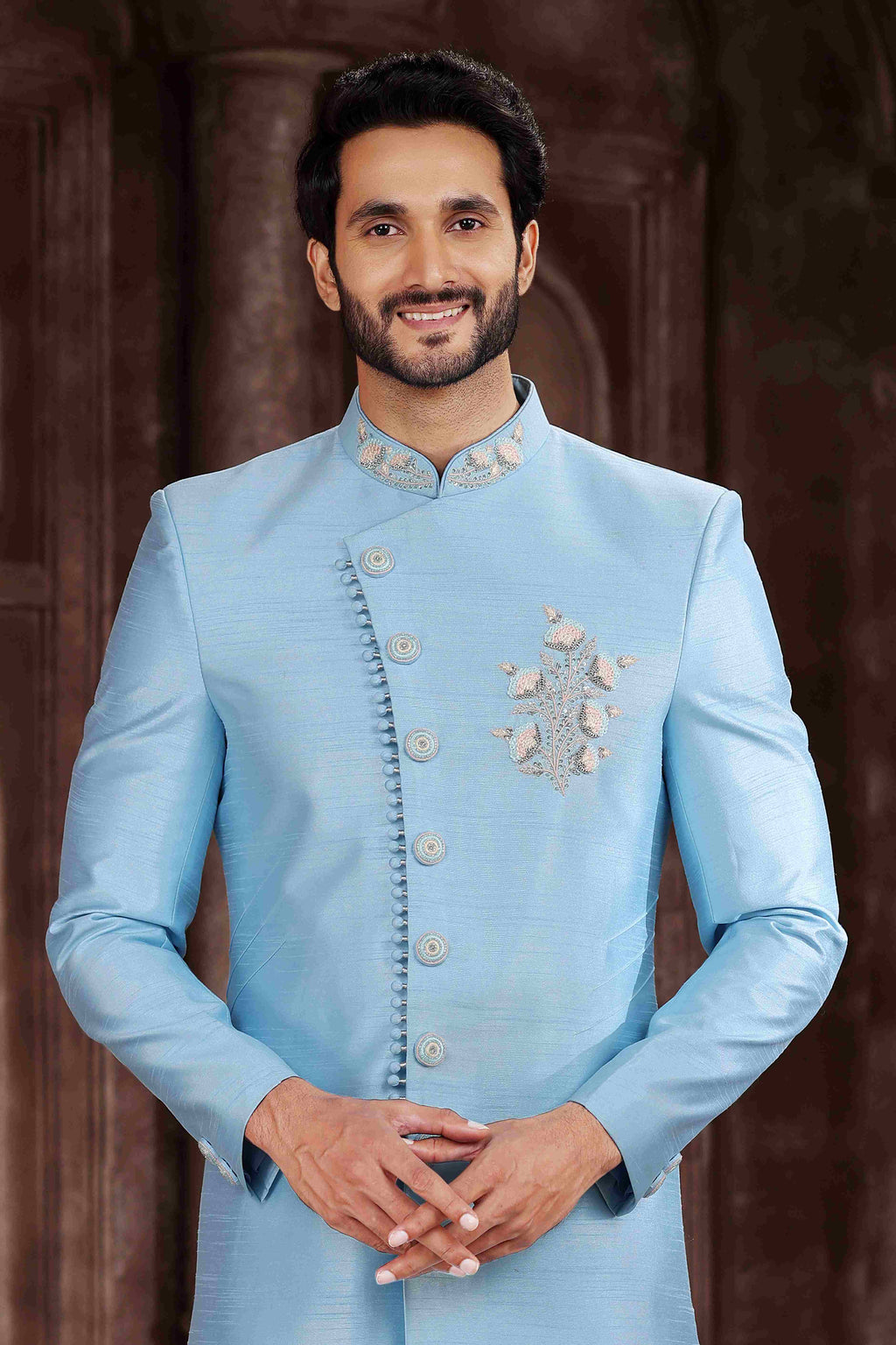 Raivat Ethnic Art Silk Embroidery Work Sherwani In Sky Blue Colour | Grocsy