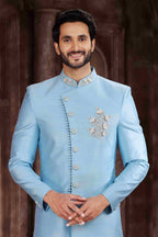 Raivat Ethnic Art Silk Embroidery Work Sherwani In Sky Blue Colour | Grocsy