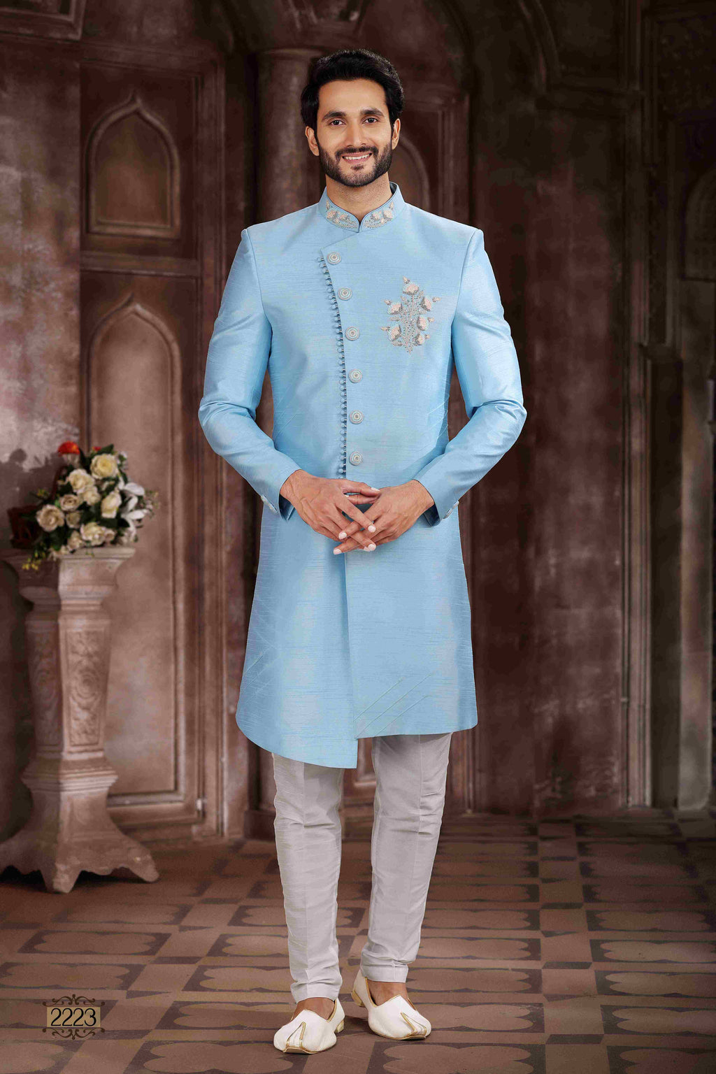Raivat Ethnic Art Silk Embroidery Work Sherwani In Sky Blue Colour | Grocsy