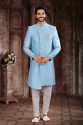 Raivat Ethnic Art Silk Embroidery Work Sherwani In Sky Blue Colour | Grocsy
