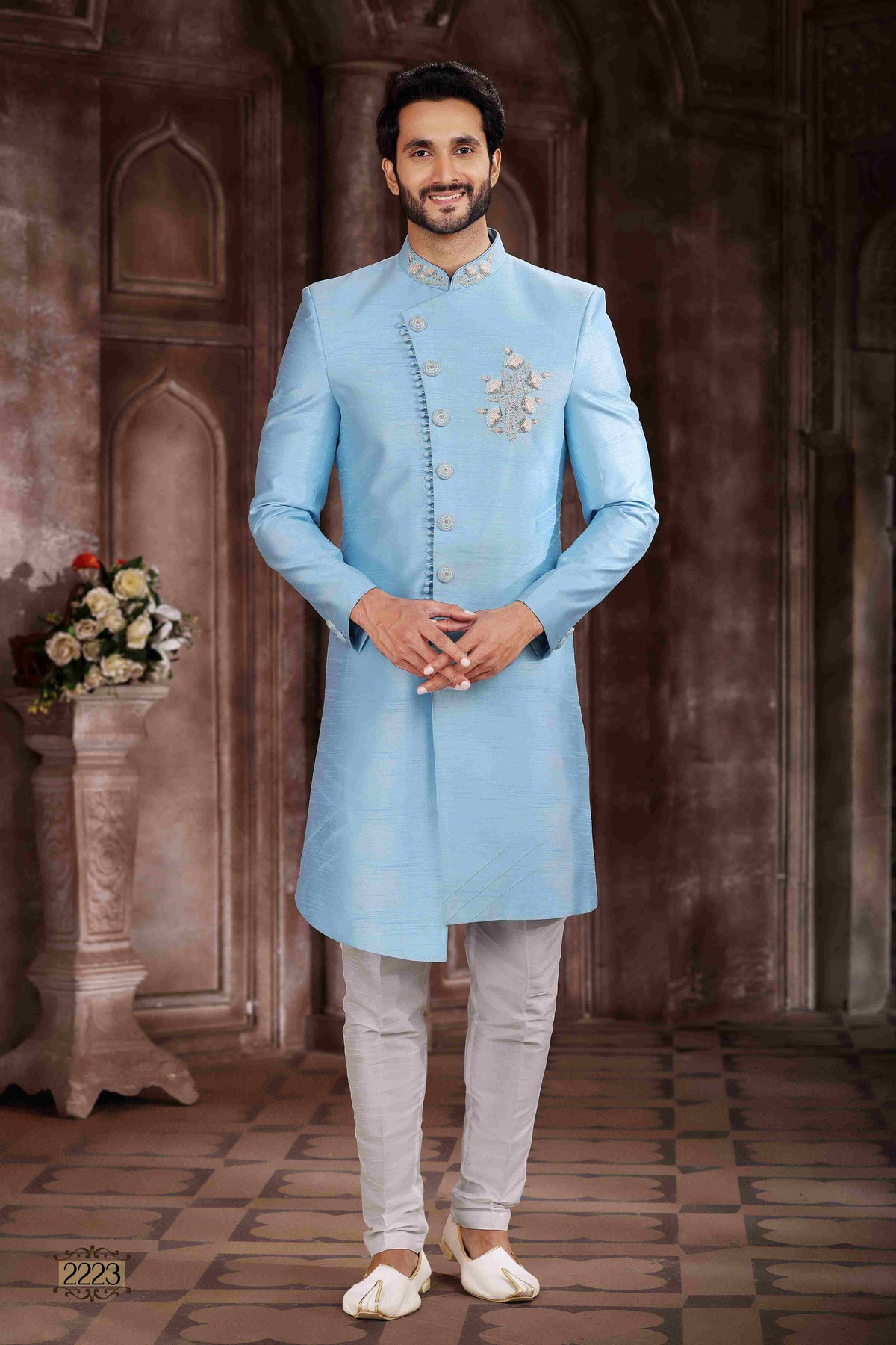 Raivat Ethnic Art Silk Embroidery Work Sherwani In Sky Blue Colour | Grocsy