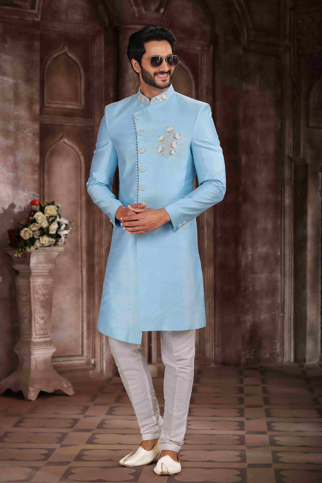 Raivat Ethnic Art Silk Embroidery Work Sherwani In Sky Blue Colour | Grocsy
