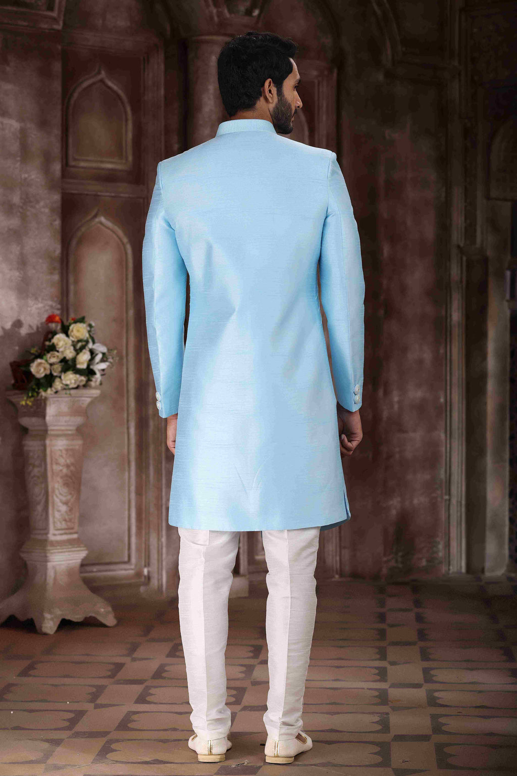 Raivat Ethnic Art Silk Embroidery Work Sherwani In Sky Blue Colour | Grocsy