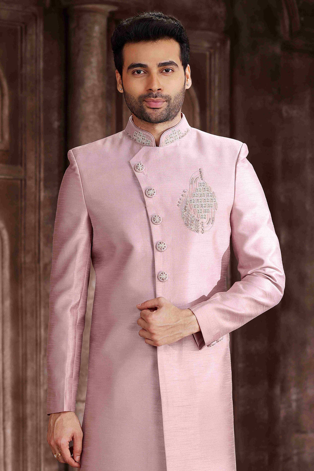 Raivat Ethnic Art Silk Embroidery Work Sherwani In Onion Pink Colour | Grocsy