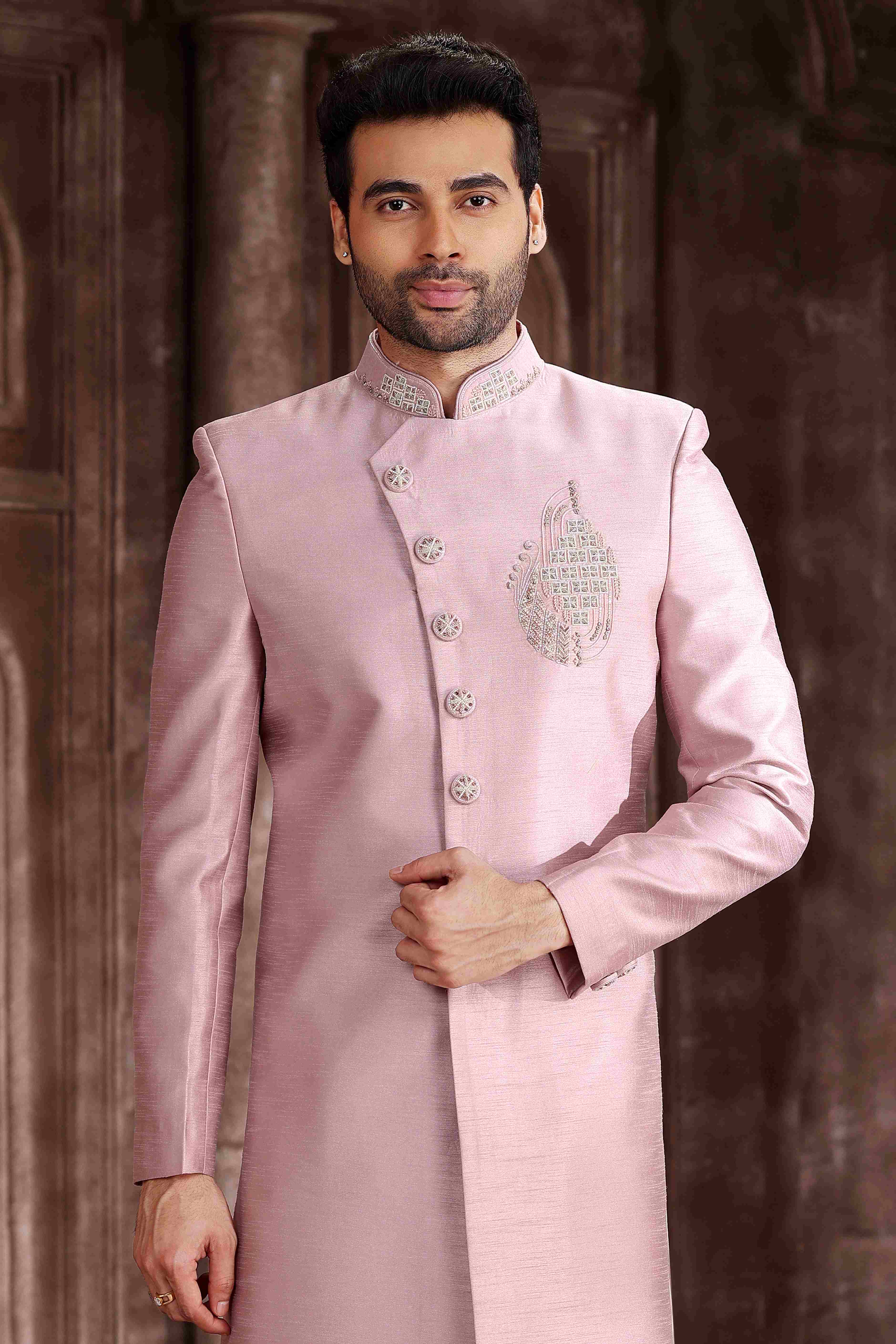 Raivat Ethnic Art Silk Embroidery Work Sherwani In Onion Pink Colour | Grocsy