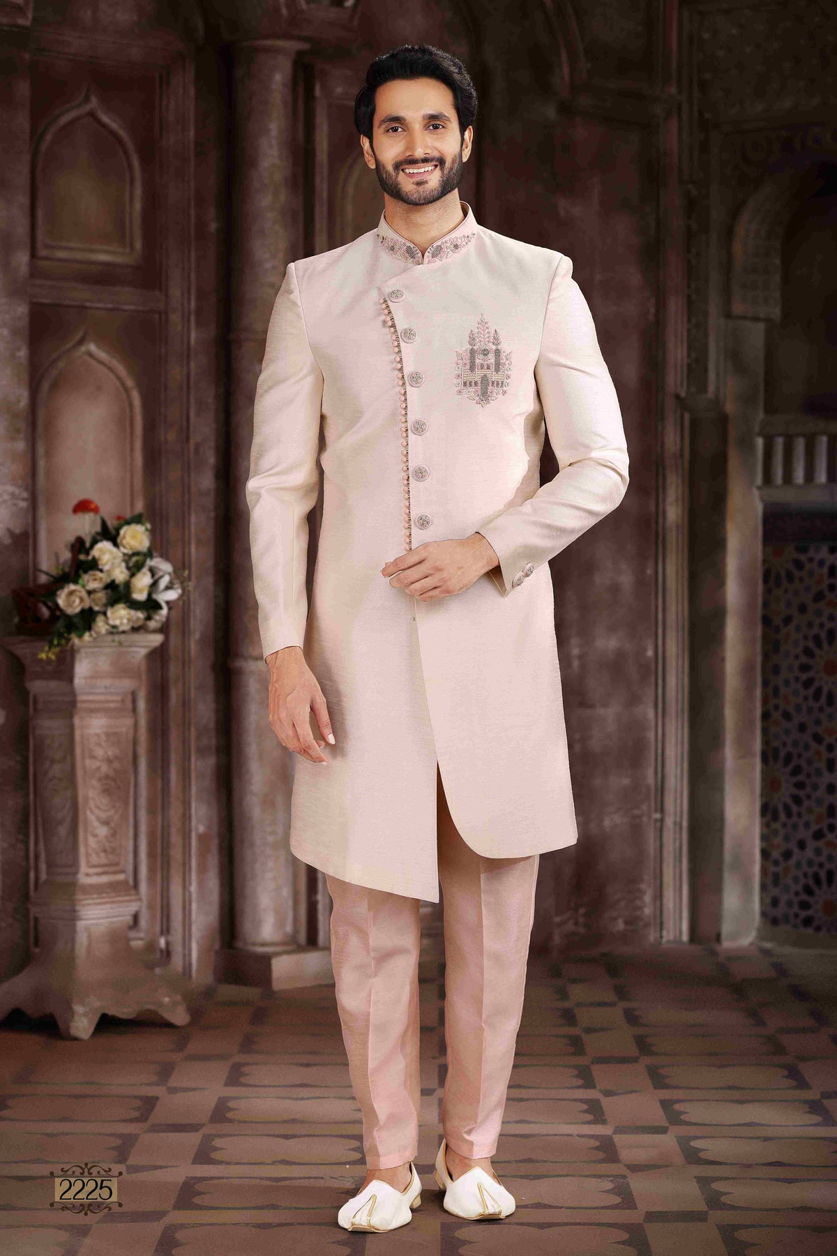 Raivat Ethnic Art Silk Embroidery Work Sherwani In Cream Colour | Grocsy