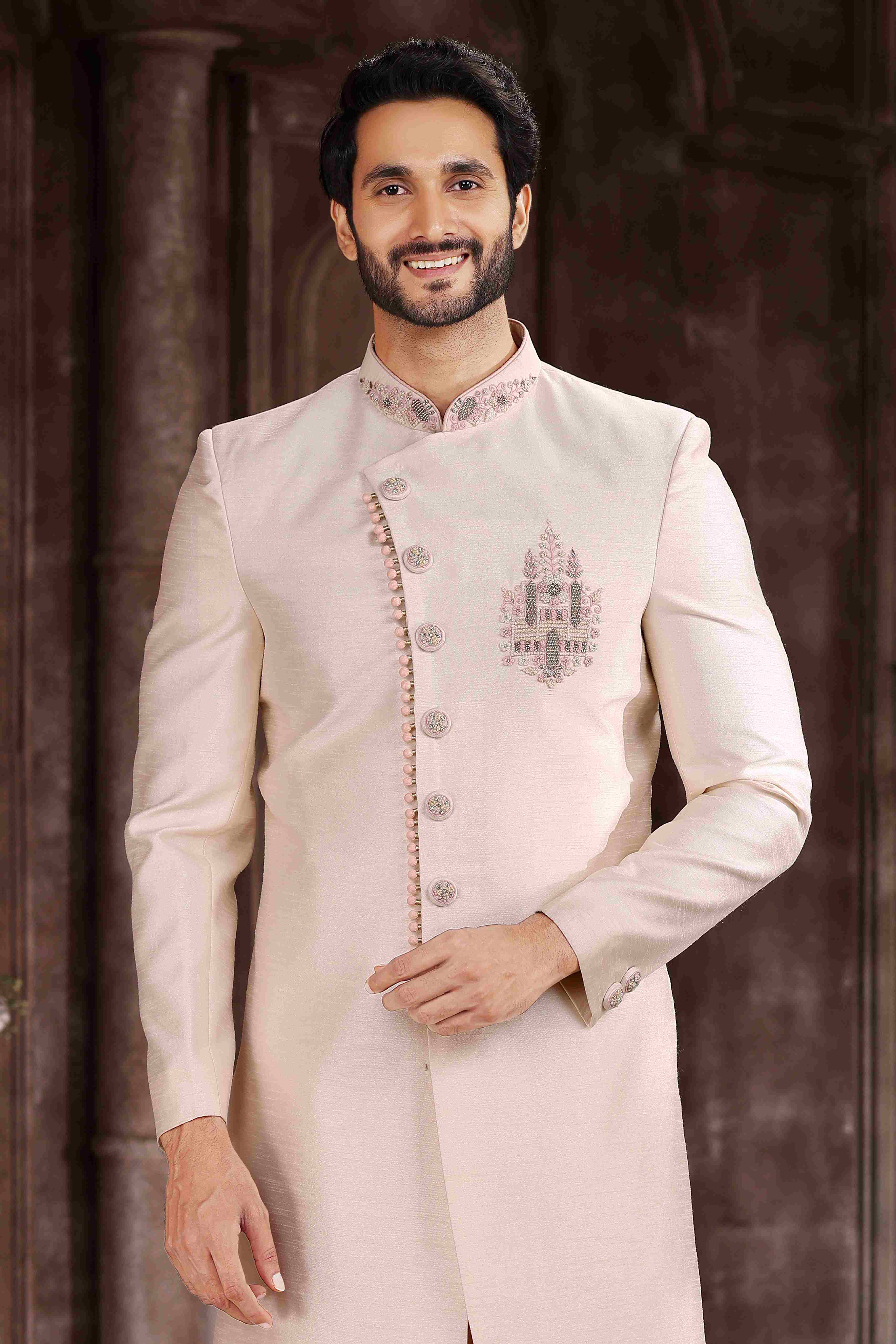 Raivat Ethnic Art Silk Embroidery Work Sherwani In Cream Colour | Grocsy