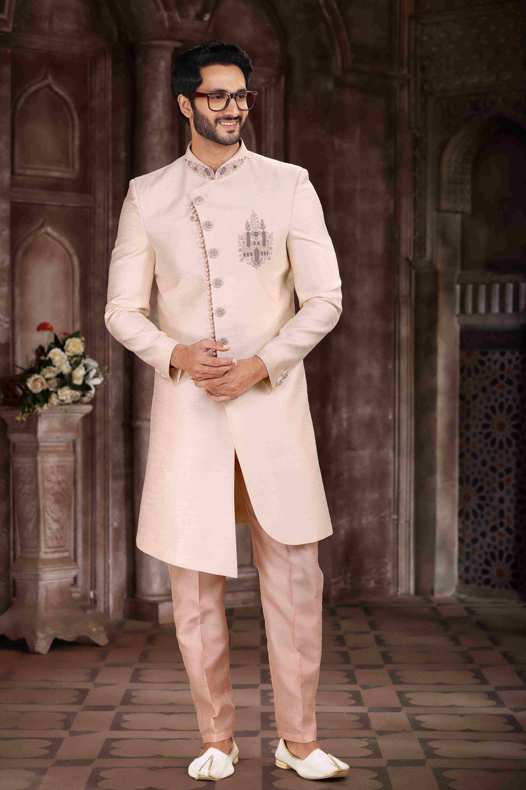 Raivat Ethnic Art Silk Embroidery Work Sherwani In Cream Colour | Grocsy