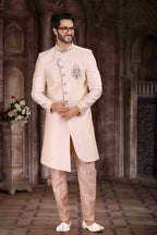 Raivat Ethnic Art Silk Embroidery Work Sherwani In Cream Colour | Grocsy