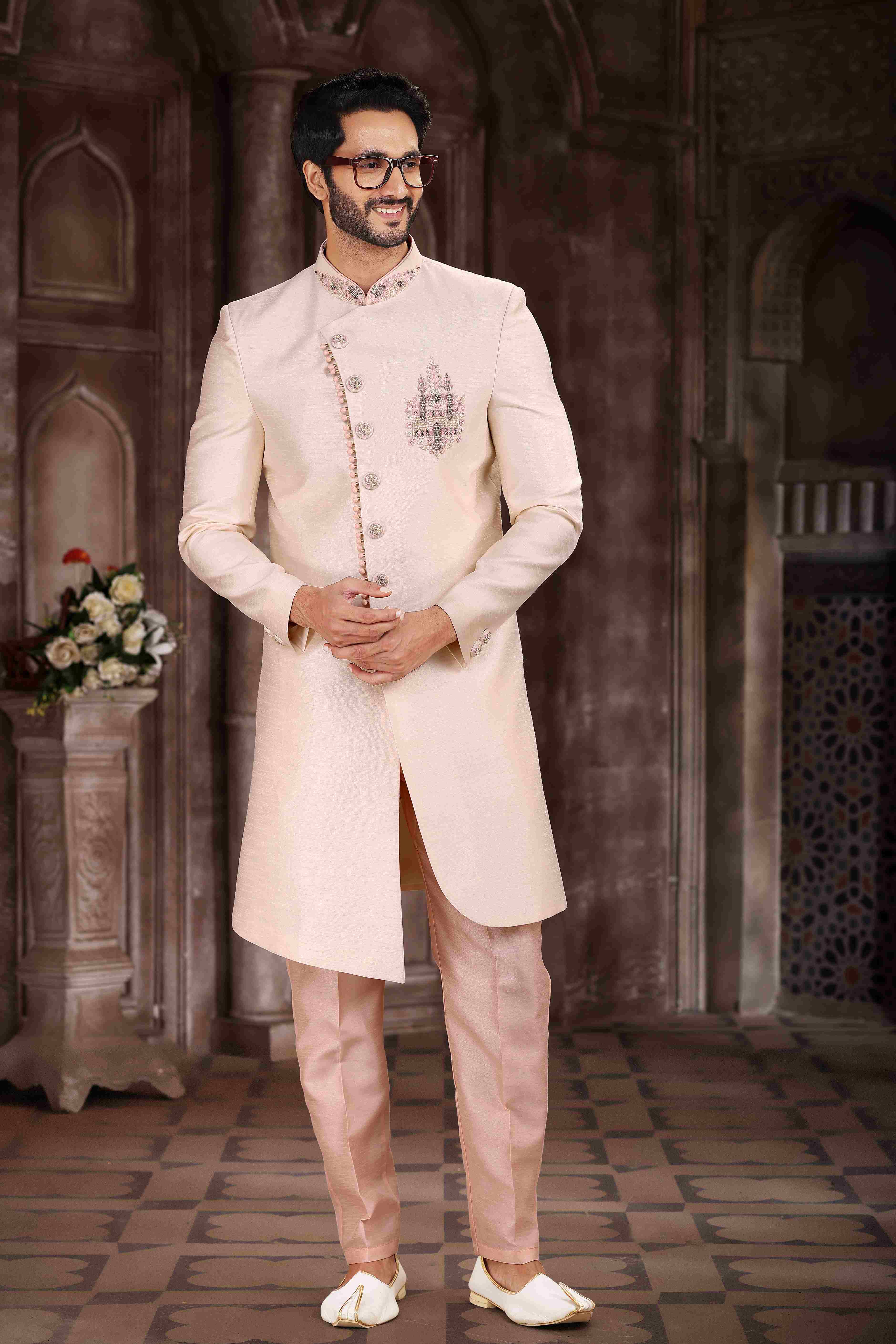 Raivat Ethnic Art Silk Embroidery Work Sherwani In Cream Colour | Grocsy