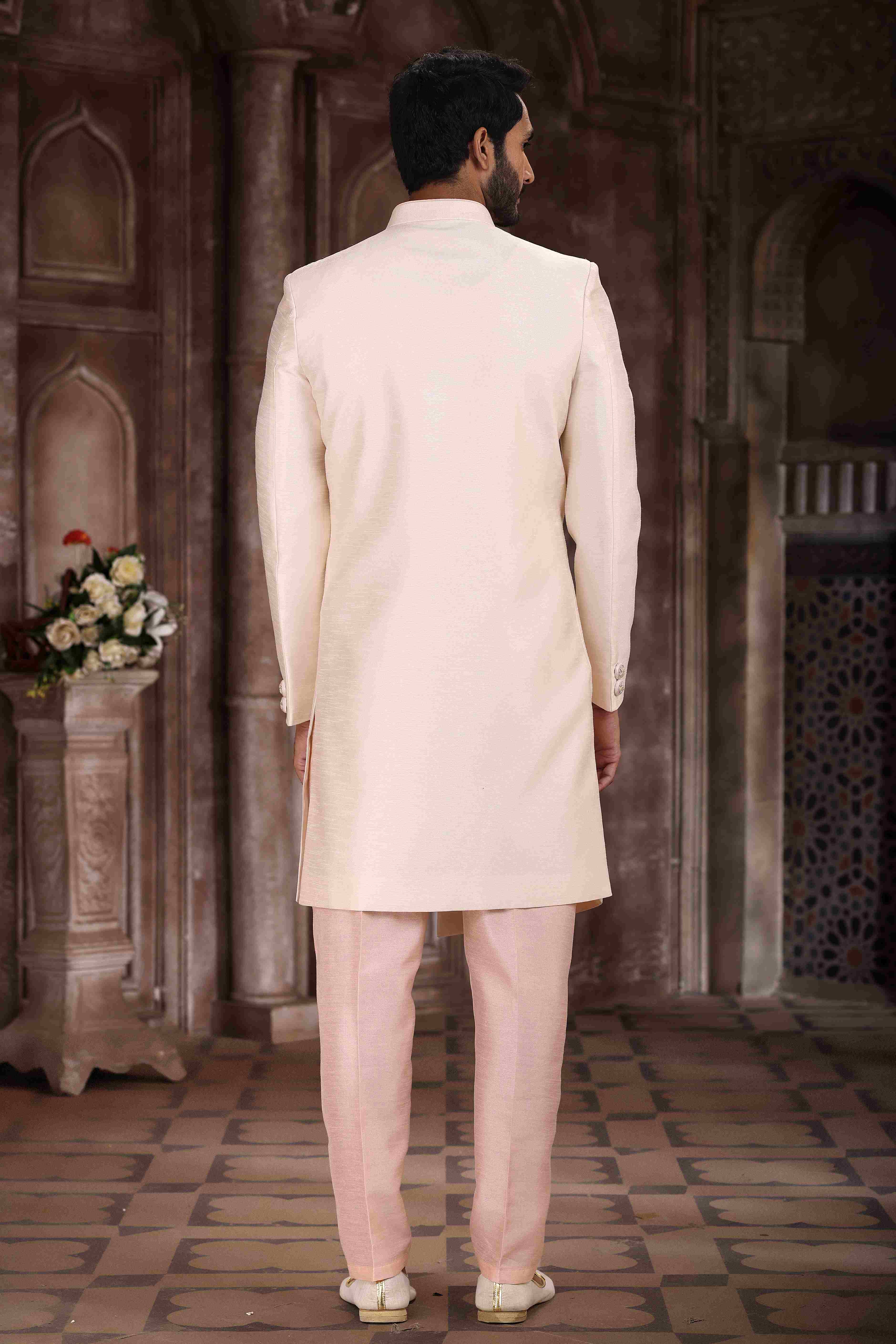 Raivat Ethnic Art Silk Embroidery Work Sherwani In Cream Colour | Grocsy